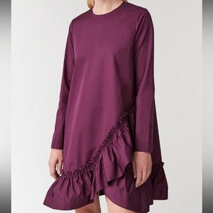 COS Ruffled Cotton Dress In Burgundy